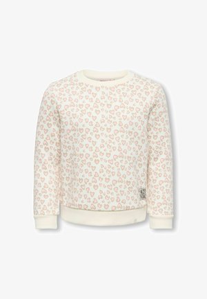 Creamfarvet langærmet sweatshirt med lyserødt og beige hjerteformet leopardprint og ribstrikkede manchetter og kant.