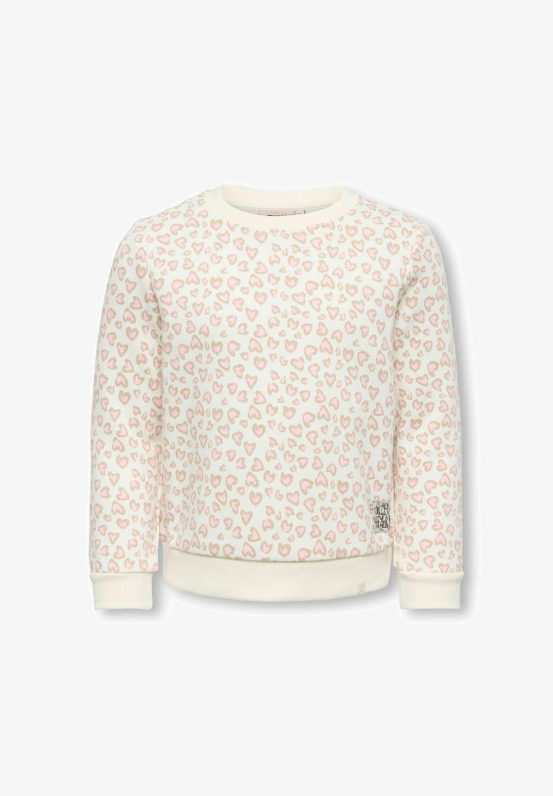 Sweat-shirt crème à manches longues avec imprimé léopard en forme de cœur rose et beige, bord-côtes aux poignets et à l’ourlet.