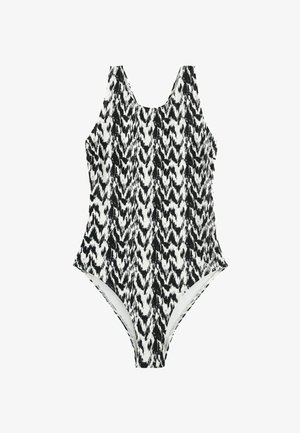 Maillot de bain une pièce à motifs abstraits en noir et blanc, avec larges bretelles et encolure dégagée, sur fond blanc.