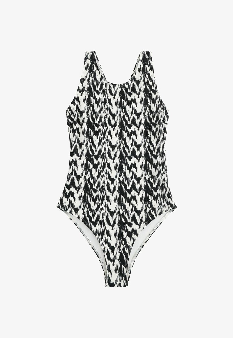Maillot de bain une pièce à motifs abstraits en noir et blanc, avec larges bretelles et encolure dégagée, sur fond blanc.