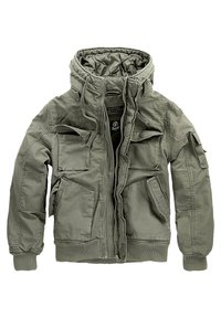 Oliwkowa kurtka bomber z pikowaną kapturem, wieloma kieszeniami z przodu, ściągaczami na mankietach i dole oraz zamkiem błyskawicznym z przodu. Wykonana z wytrzymałego materiału.