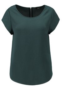 Blusa verde de manga corta con escote redondeado, textura suave y detalle de cremallera en la parte posterior. Dobladillo ligeramente curvado para un ajuste relajado.