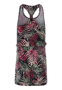 Mouwloze jurk met een tropisch bladdessin in rood, roze en groen op een zwarte achtergrond. Heeft een racerbackontwerp en een geraffineerde taille.