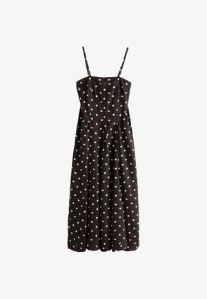 Braun ärmelloses Kleid mit weißen Polka-Dots, mit dünnen Trägern und einem schwingenden Rock mit Raffung.