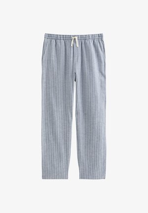 Lichtgrijze loungebroek met witte verticale strepen, elastische tailleband en trekkoord. Voorzien van zijzakken en zacht, gestructureerd stof.