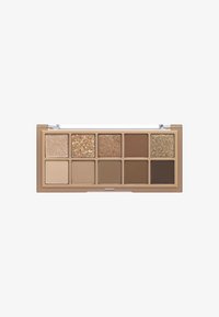 Lidschattenpalette mit 10 quadratischen Fächern in Beige-, Braun- und Goldtönen, die eine Mischung aus matten und schimmernden Finishes bietet.