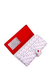Red wallet with a smooth texture. Inside features white material with multicolored polka dots. Includes card slots and a transparent ID window.