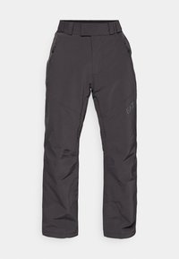 Vízálló sínadrág sötétszürke színben, egyenes vonalú kialakítással, állítható derékkal és texturált díszítéssel a száraknál.