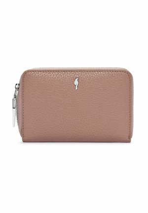 Skórzany portfel w odcieniu różowym o teksturowanej powierzchni, ze srebrnym zamkiem błyskawicznym, z subtelnym logo na froncie. Prostokątny kształt z przeszytymi brzegami.