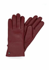 Burgundy leather gloves with three rows of stitching on each finger and a small silver hardware accent near the cuff. Smooth texture.