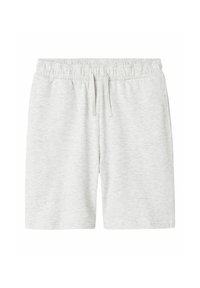 Shorts en mélange de coton gris clair avec une taille élastique et un cordon de serrage, présentant une texture lisse et une coupe décontractée.