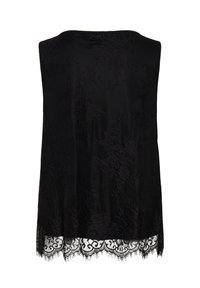 Haut sans manches en dentelle noire avec motifs floraux et ourlet festonné.