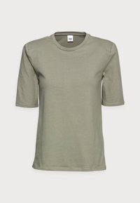 Oliven grøn t-shirt med kortærmer og rund hals, lavet af blødt bomuld, med et simpelt, udekoreret design og lige snit.
