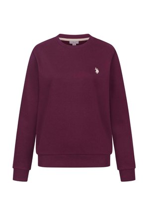 Burgundy sweatshirt with long sleeves, crew neck, and ribbed cuffs. Features a small embroidered logo on the left chest. Soft fabric texture.