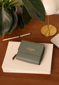 Zaļā ādas maks ar zelta rāvējslēdzēju uz divām slēgtām bēšām piezīmju grāmatām, blakus sudraba pildspalvai, augam ar lielām lapām un zelta un baltas lampas pamatnei.