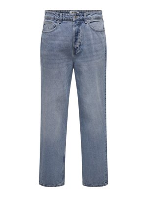 Svijetloplave traperice čistog kroja s klasičnim dizajnom od pet džepova i kopčanjem na gumb u struku.