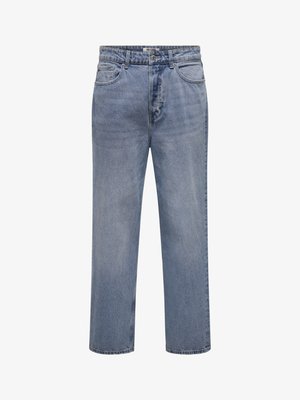 Hellblaue Jeans mit geradem Bein, klassischem Fünf-Taschen-Design und Knopfverschluss in der Taille.