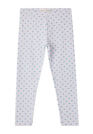 Leggings viola chiaro con un motivo di piccoli cuori blu, realizzati in un tessuto morbido ed elastico con una texture liscia.