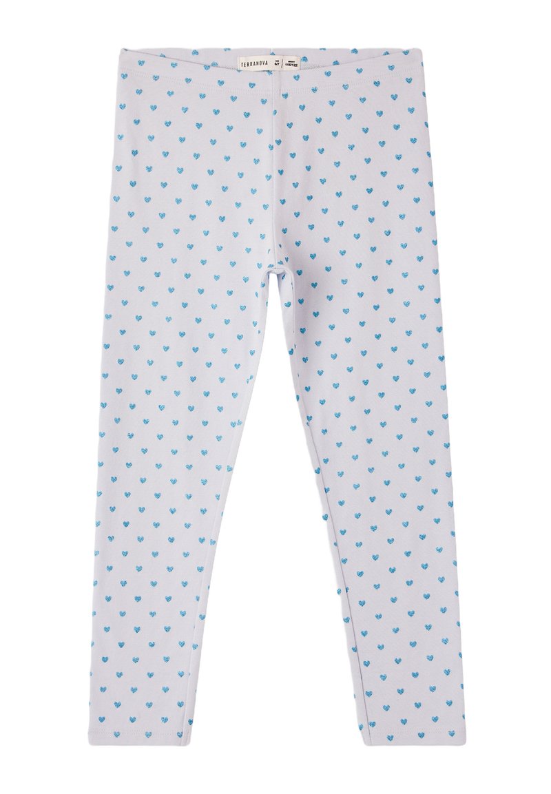 Jasnofioletowe legginsy z wzorem małych niebieskich serc, wykonane z miękkiego, elastycznego materiału o gładkiej fakturze.