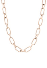 Roze gouden ketting met een ontwerp van verlengde, onderling verbonden ovale schakels met een gladde textuur en een gepolijste afwerking.