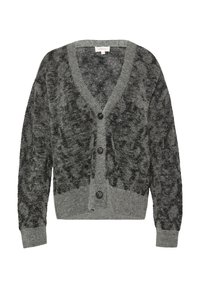 Grijze cardigan met een V-hals, knoopsluiting en een gemusterde textuur. Zachte gebreide stof met donkere accenten en geribbelde manchetten.