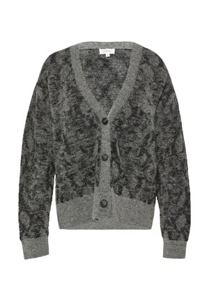 Grau Cardigan mit V-Ausschnitt, Knopfverschluss und strukturiertem Muster. Weicher Strickstoff mit dunklen Akzenten und gerippten Bündchen.