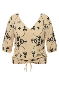 Top beige con motivi floreali e a scroll neri, scollatura a V, maniche a tre quarti e coulisse in vita. Tessuto dalla texture liscia.