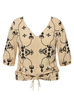 Beige top med sorte blomster- og spiralmønstre, V-hals, trekvartærmer og snoretræk i livet. Glat stoftekstur.