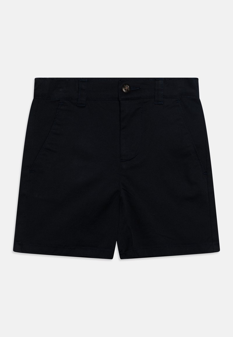 Shorts noirs en mélange de coton dotés de deux poches avant, de passants de ceinture et d'une fermeture à un bouton. Texture lisse, coupe droite.