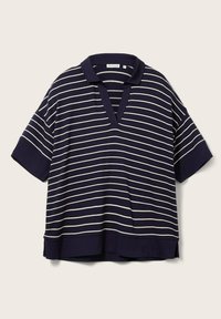 Marinblå kortärmad skjorta med vita horisontella ränder, med en kragefri V-ringning och en lös passform med sidossprund i fållen.