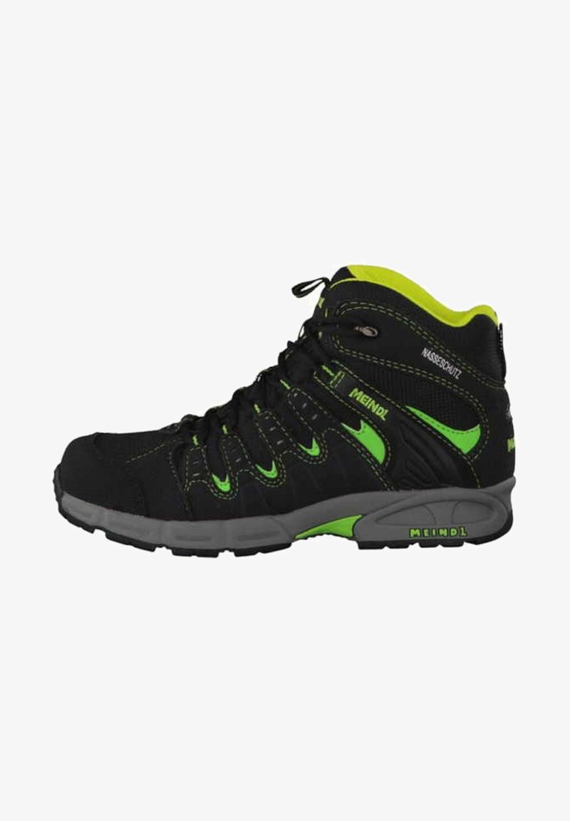 Black hiking boots with green accents, featuring a textured upper, padded collar, robust sole, and lacing system for secure fit.