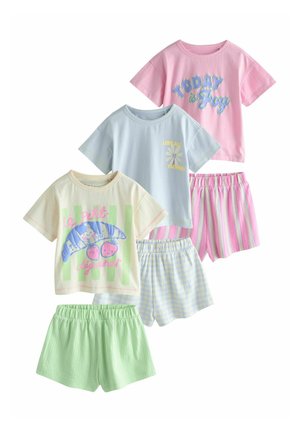 Three sets of children's short-sleeve tops and elastic waist shorts in pastel pink, blue, cream, and green with printed designs and stripes.