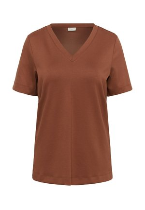 Barna, rövid ujjú, V-nyakú póló középső varrásdísszel, puha anyagból készült.