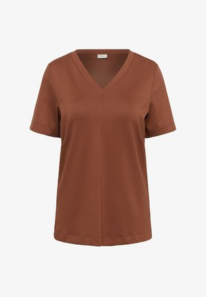 Braunes Kurzarm-Shirt mit V-Ausschnitt und zentraler Naht, aus weichem Stoff gefertigt.