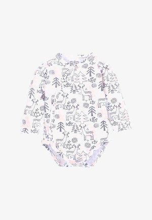 Langsleeve baby bodysuit in het wit met roze accenten, met een patroon van een hert en bomen in het zwart. Drukknopen aan de onderkant voor gemakkelijk aan- en uitkleden.