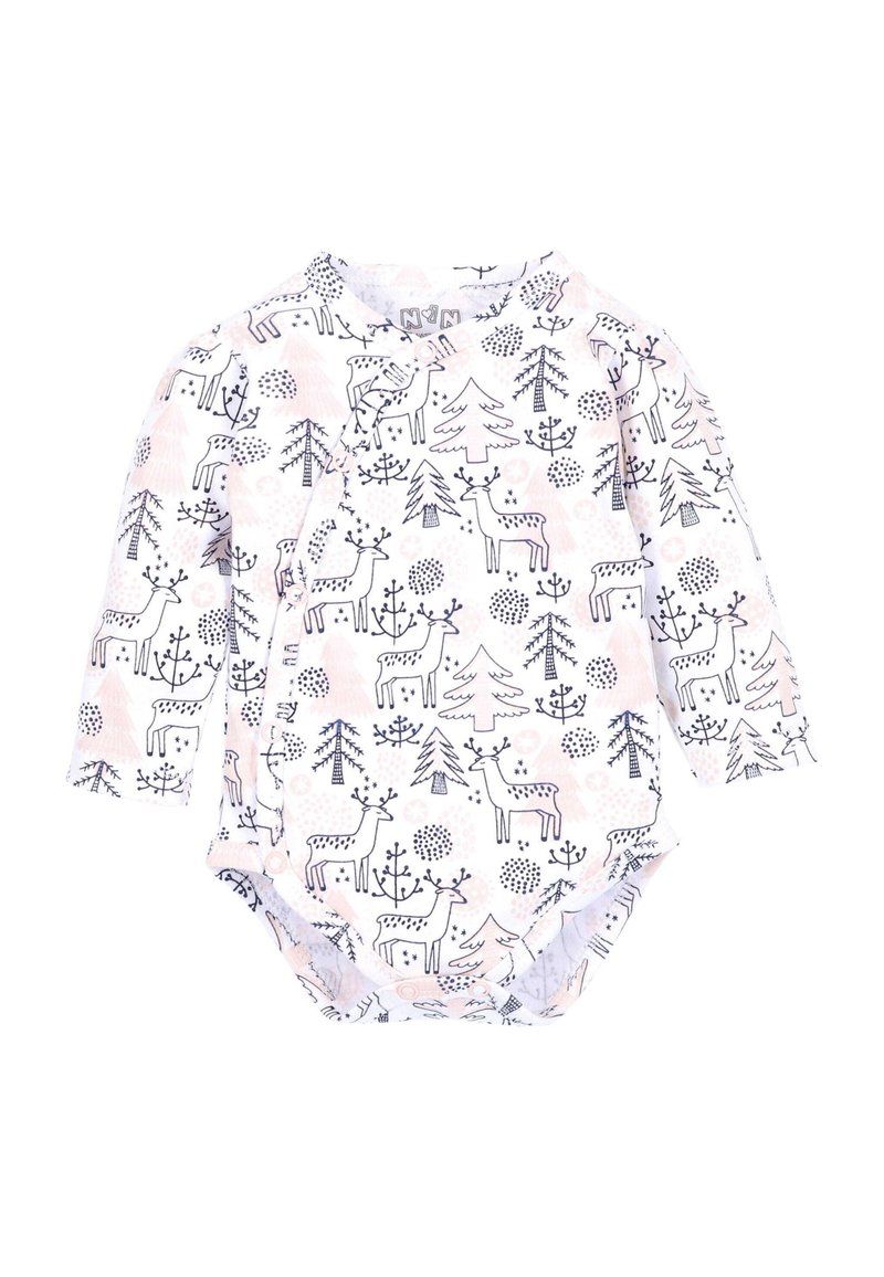 Langärmliger Baby-Body in Weiß mit rosa Akzenten, der ein Muster aus Rehen und Bäumen in Schwarz zeigt. Druckknopfverschlüsse am Unterteil für ein einfaches Ankleiden.