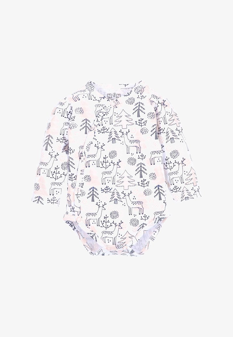 Biały bodysuit dla niemowląt z długim rękawem, z różowymi akcentami, z wzorem jelenia i drzew w kolorze czarnym. Zapięcia na zatrzaski na dole ułatwiają ubieranie.