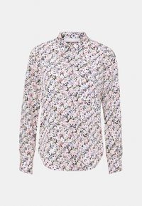 Chemise à manches longues boutonnée avec un motif floral pastel en rose, bleu et vert sur fond blanc.