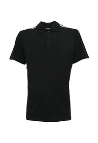 Polo nero in cotone con colletto classico, maniche corte, patta con tre bottoni e strisce a contrasto sulle spalle.