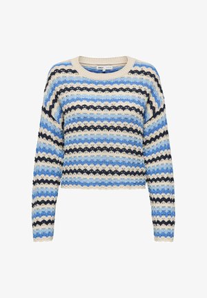 Ilgų rankovių megztinis su horizontaliomis nelygiomis juostelėmis smėlio, šviesiai mėlynos, tamsiai mėlynos ir laivyno mėlynos spalvų, su apvaliu iškirpimu.