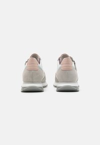 Rear view of shoes featuring a mix of pastel colors, suede and leather materials, a textured grey sole, and zipper accents on the sides.