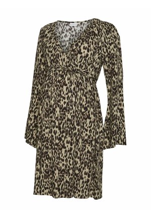 Oblačilo v leopardjem vzorcu z zavitjem v bež in rjavi barvi, z dolgimi zvonastimi rokavi, prilegajočim pasom in izrezom v obliki črke V. Meko, tekoče blago.