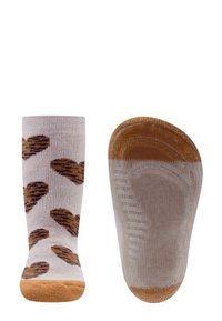 Skarpetki do kolan w jasnym fioletowym kolorze z brązowymi serduszkami, z jednolitym brązowym palcem i piętą. Wykonane z miękkiego, teksturowanego materiału.