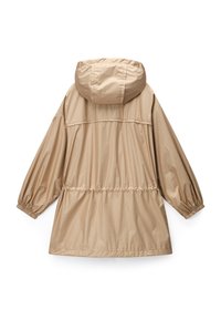 Light brown, long-sleeve jacket with a hood. Made of lightweight, glossy material, featuring a cinched waist and elastic cuffs.