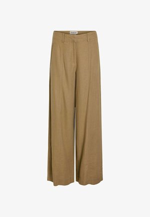 Kõrge vöökohaga laia jalaosaga püksid helepruunid vööaugud, küljetaskud ja ees kortsuga õmblused.