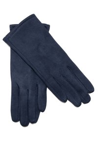 Marineblaue Fleecehandschuhe mit glatter Textur, langem Design und fünf Fingeröffnungen. Die Handschuhe sind ordentlich gepaart und flach ausgelegt.