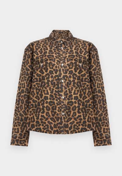 Long-sleeve button-up shirt with brown and black leopard print pattern, two chest pockets with button flaps, and a classic collar.