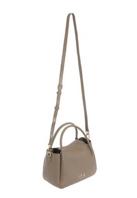 Borsa a tracolla in pelle marrone con una forma strutturata, doppie maniglie superiori e una tracolla rimovibile. Presenta hardware in tonalità oro e dettagli con logo.