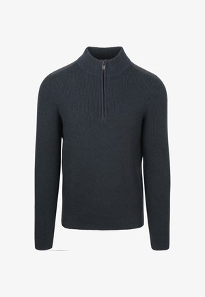 Dunkelgrauer gerippter Pullover mit einem halben Reißverschluss-Kragen und langen Ärmeln. Hergestellt aus strukturiertem Stoff, in einfarbig ohne Muster oder Akzente.
