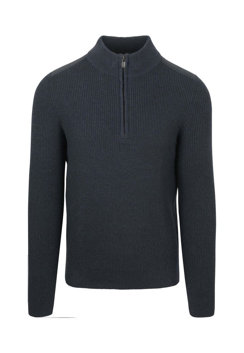 Dunkelgrauer gerippter Pullover mit einem halben Reißverschluss-Kragen und langen Ärmeln. Hergestellt aus strukturiertem Stoff, in einfarbig ohne Muster oder Akzente.